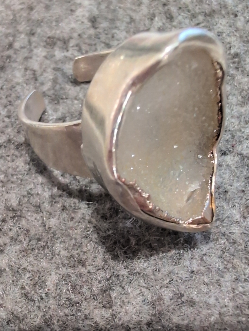 Sterling Silver Druzy Adjustable Ring - White Stone